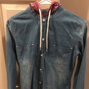 Denim button down with hood